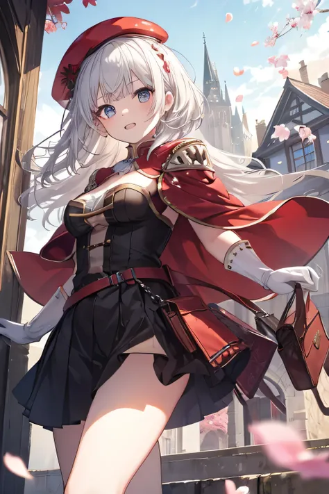 Serious girl, white hair, (showing teeth), castle background, castle background(mansion), complete anatomy, Graphic Effects, height 159 cm ( 5 feet 3 inches ), red beret, strong breeze , sakura petals and leaves, , Masterpiece, the best quality