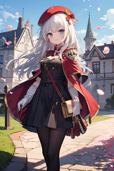 Serious girl, white hair, (showing teeth), castle background, castle background(mansion), complete anatomy, Graphic Effects, height 159 cm ( 5 feet 3 inches ), red beret, strong breeze , sakura petals and leaves, , Masterpiece, the best quality
