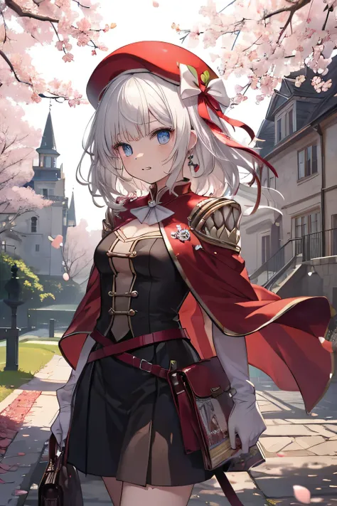 Serious girl, white hair, (showing teeth), castle background, castle background(mansion), complete anatomy, Graphic Effects, height 159 cm ( 5 feet 3 inches ), red beret, strong breeze , sakura petals and leaves, , Masterpiece, the best quality