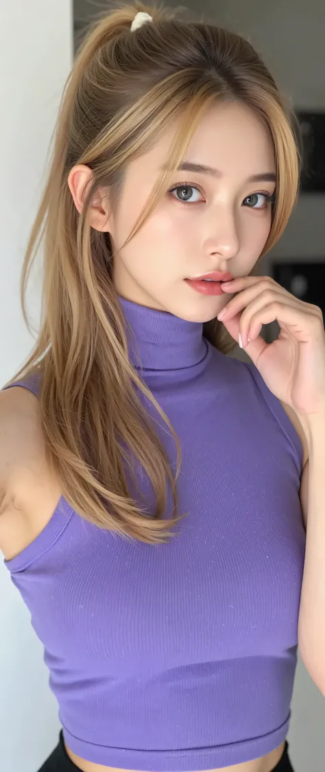 1woman, beautiful, perfect facial features, golden ratio, fair skin, long hairs, blonde hairs tied with rubber band, a bunch of hairs covering her right eyes, bright aqua color eyes, visible eyelashes, red lips, matte lips, natural blush, wearing a violet ...