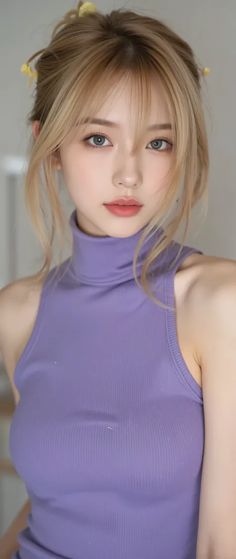 1woman, beautiful, perfect facial features, golden ratio, fair skin, long hairs, blonde hairs tied with rubber band, a bunch of hairs covering her right eyes, bright aqua color eyes, visible eyelashes, red lips, matte lips, natural blush, wearing a violet ...
