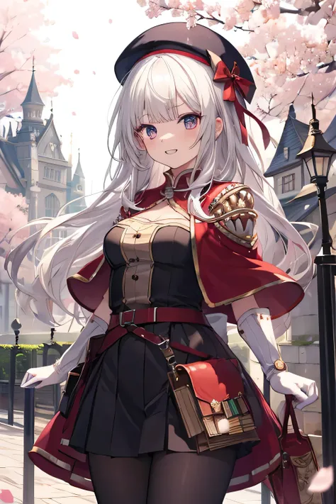 Serious girl, white hair, (showing teeth), castle background, castle background(mansion), complete anatomy, Graphic Effects, height 159 cm ( 5 feet 3 inches ), red beret, strong breeze , sakura petals and leaves, , Masterpiece, the best quality