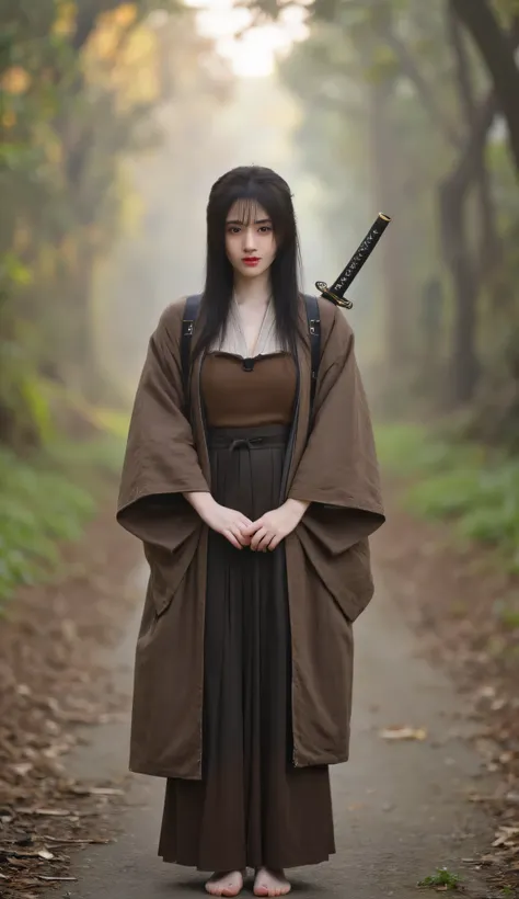 1girl, long black hair and bangs, large breast, slim waist, standing on a misty forest path at dawn, wearing weathered layered kimono with dark earthy tones and leather straps, katana sheathed on back, bare feet, windswept hair, calm stoic gaze
mid-shot, c...