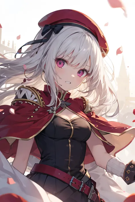 Serious girl, white hair, (showing teeth), castle background, castle background(mansion), complete anatomy, Graphic Effects, height 159 cm ( 5 feet 3 inches ), summoning circle background, red beret, strong breeze , sakura petals and leaves, , Masterp...