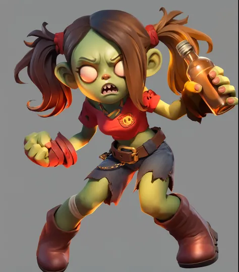 Midjourney Niji Stylized drawing: 1.5,Night: 1.3, Zombie ,Holding a wine bottle,Angry Expressions,cute ,Short red top, jeans ,Ankle boots,Appropriately exaggerated body proportions, vivid expressions, three-dimensionality, expressiveness, and atmosphere,st...