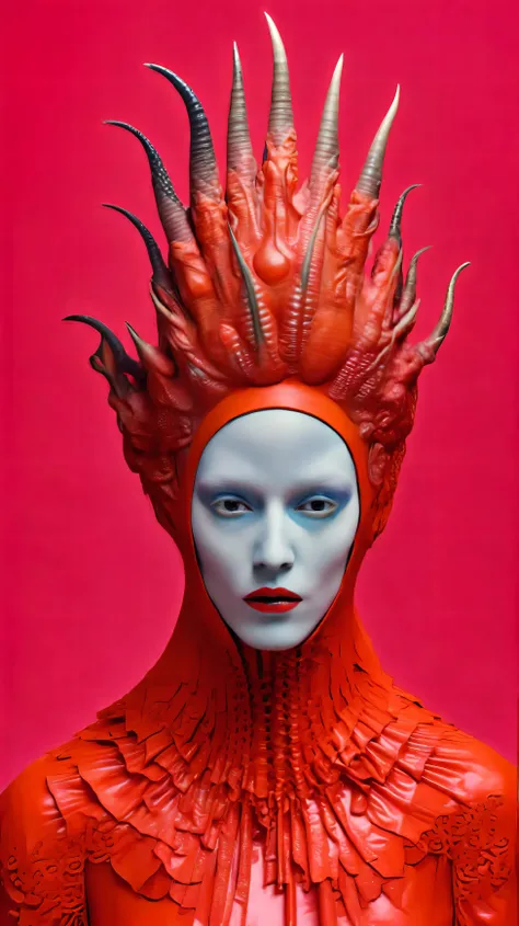 Tim Walker inspired, photography, trendy close up, Ultra-red background, leather fetish extreme sinister, whimsical settings, surreal elements, creative storytelling, vibrant colors, (Detailed face:1.05), hyperrealistic, Photorealistic. Gothic