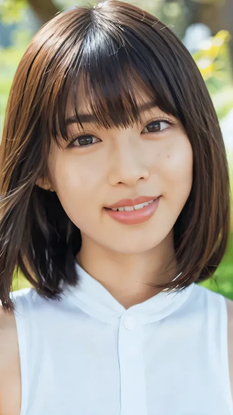 High Res Photos Of Young Japanese Female Idols, Intricate details, Highly detailed, sharp concentration, solo, 1 girl, face focus, face close-up, white bodysuit, Detailed face, Detailed eyes, Alluring eyes, natural makeup ,Smiling