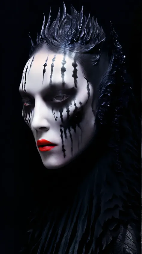 Tim Walker inspired, photography, trendy close up, Black background, leather fetish extreme sinister, whimsical settings, surreal elements, creative storytelling, vibrant colors, (Detailed face:1.05), hyperrealistic, Photorealistic. Gothic