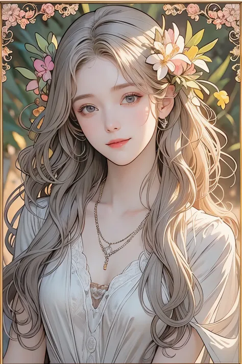 (Young and beautiful woman), (Calm and gentle girlish smile), (Almost straight medium blonde silver-gray hair), (Close-up), Striking portrait, Pursuit of beauty, (Simple colored shirt), Bright primary colors used partially as accents, (Slim figure), Small ...