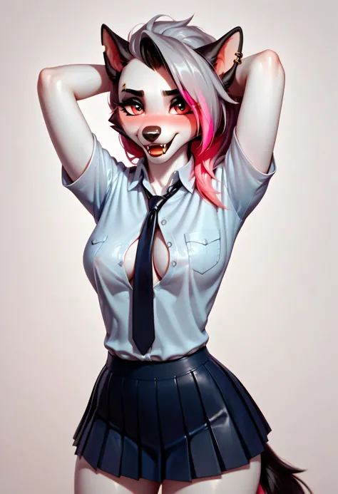 "ANTHRO Loona emerges from a wardrobe wearing a makeshift ‘schoolgirl’ cosplay—tight pleated skirt, unbuttoned shirt, tie hanging loosely. She blushes while posing, fangs nibbling her lip. NSFW accidental panty slip, cute embarrassed expression, suggestive...
