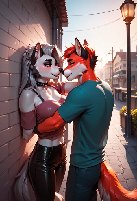 "On a rooftop under warm rain, ANTHRO Loona pulls her partner into a wet, slow kiss, both soaked and half-nude. Her fur clings to her curves, clothes clinging and slipping off. NSFW exposed bodies in a close, passionate pose, glowing streetlights in the ba...