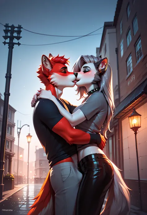 "On a rooftop under warm rain, ANTHRO Loona pulls her partner into a wet, slow kiss, both soaked and half-nude. Her fur clings to her curves, clothes clinging and slipping off. NSFW exposed bodies in a close, passionate pose, glowing streetlights in the ba...