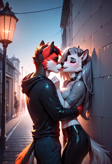 "On a rooftop under warm rain, ANTHRO Loona pulls her partner into a wet, slow kiss, both soaked and half-nude. Her fur clings to her curves, clothes clinging and slipping off. NSFW exposed bodies in a close, passionate pose, glowing streetlights in the ba...