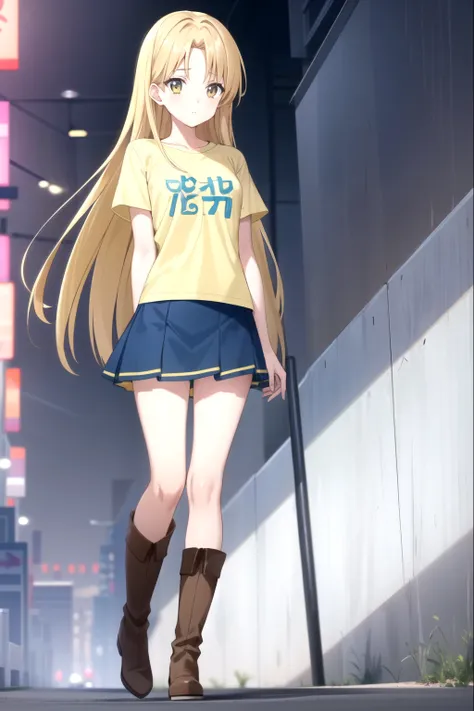 1girl, standing (Anatomically Correct body 1.6 ) Blonde anime girl with long hair of (yellow eye Navy blue t-shirt and light blue skirt (color) And brown boots 1.6)