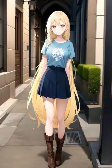 1girl, standing (Anatomically Correct body 1.6 ) Blonde anime girl with long hair of (yellow eye Navy blue t-shirt and light blue skirt (color) And brown boots 1.6)