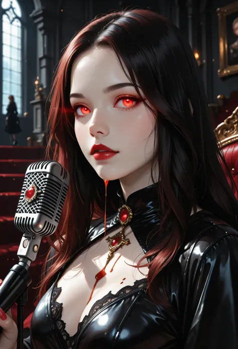 a comics anime portrait of female vampire broadcasting a podcast from her room in her goth castle, (blood is dripping from the microphone), a beautiful female vampire, buxom, wearing intricate black leather dress, delicate dress, small cleavage, pale ski...