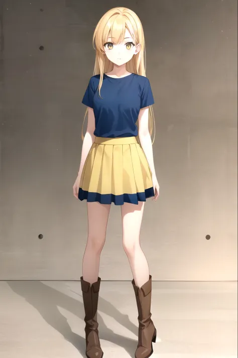1girl, standing (Anatomically Correct body 1.6 ) Blonde anime girl with long hair of (yellow eye Navy blue t-shirt and light blue skirt (color) And brown boots 1.6)