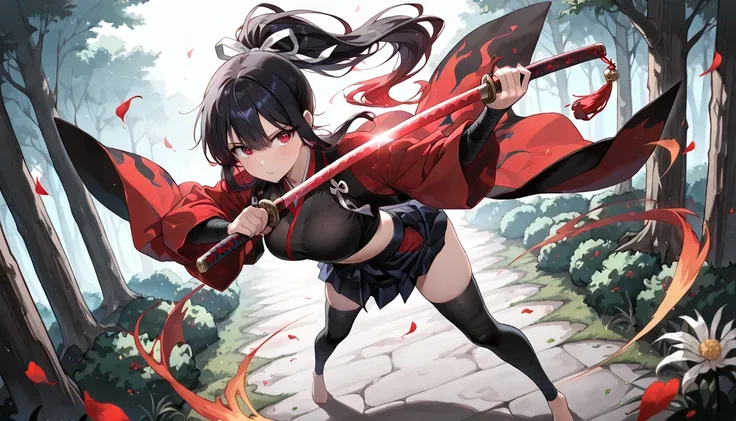 ((masterpiece, best quality, ultra detailed, high resolution, beautiful detailed face, beautiful detailed eyes, perfect hands, 4K)), (1 woman, solo), (medium breasts), (Her black-indigo hair is tied in a long ponytail with a white ribbon, flying behind her...