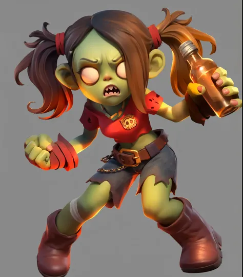 Midjourney Niji Stylized drawing: 1.5,Night: 1.3, Zombie ,Holding a wine bottle,Angry Expressions,cute ,Short red top, jeans ,Ankle boots,Appropriately exaggerated body proportions, vivid expressions, three-dimensionality, expressiveness, and atmosphere,st...