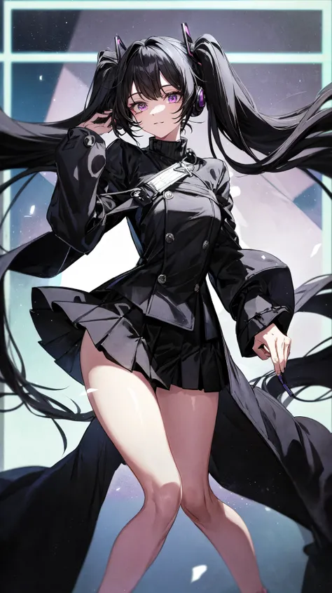 girl wearing tight turquoise sweater, thick shiny black coat, big headphones around neck, cyber fashion style, black short skirt, , thin black coat, black hair, super long hair, hair past the calf, thick hair, straight bangs, perfect face, miku hatsune fac...