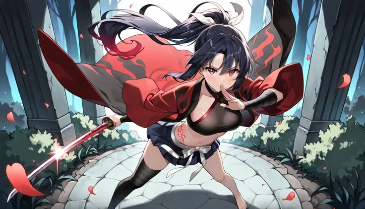 ((masterpiece, best quality, ultra detailed, high resolution, beautiful detailed face, beautiful detailed eyes, perfect hands, 4K)), (1 woman, solo), (medium breasts), (Her black-indigo hair is tied in a long ponytail with a white ribbon, flying behind her...