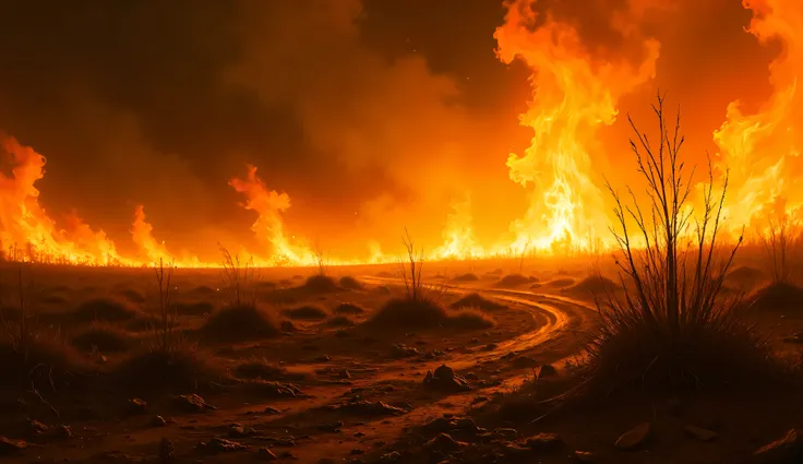 Dry field in August on fire