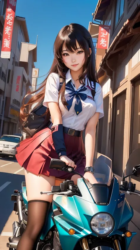 an Asian woman in school uniform posing on a motorcycle, Watch the anime girl cosplay, Beautiful Anime High School Girls, attractive Watch the anime girl, a Surreal School Girls, Watch the anime girl in real life, seductive Watch the anime girl, Surreal Sc...