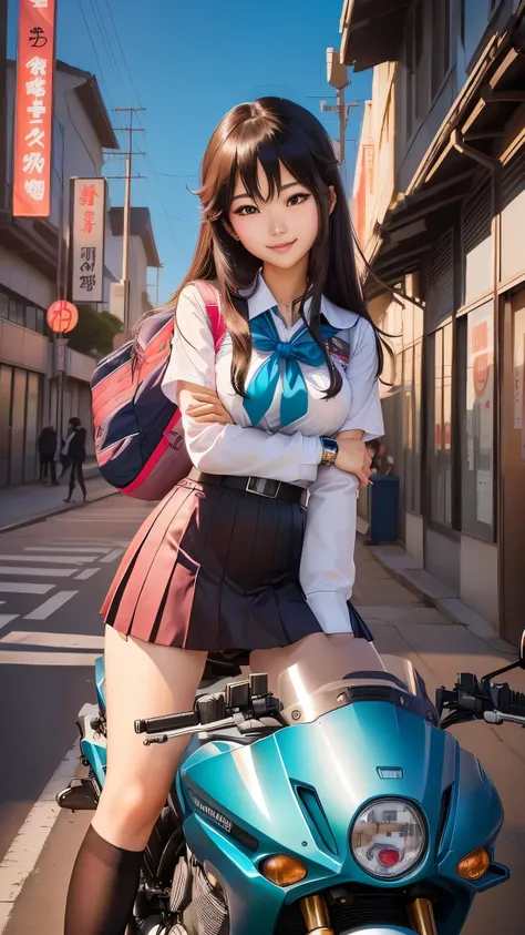 an Asian woman in school uniform posing on a motorcycle, Watch the anime girl cosplay, Beautiful Anime High School Girls, attractive Watch the anime girl, a Surreal School Girls, Watch the anime girl in real life, seductive Watch the anime girl, Surreal Sc...