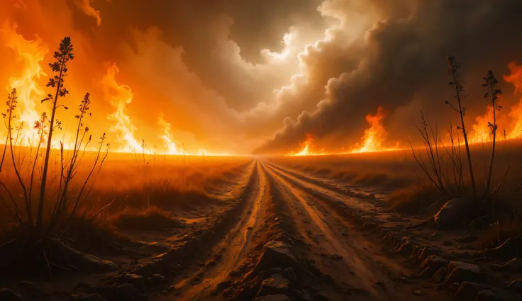 Dry field in August on fire