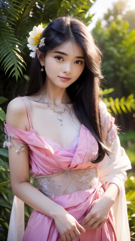 ultra high detailed, beautiful girl, most beautiful Indian girls, 23 years old, cute smile realistic face, happy, long hair, impressive hairstyle, detailed eyes, detailed lips, elegant clothes, elegant dress, lace, wearing jewellery, nature background, fl...