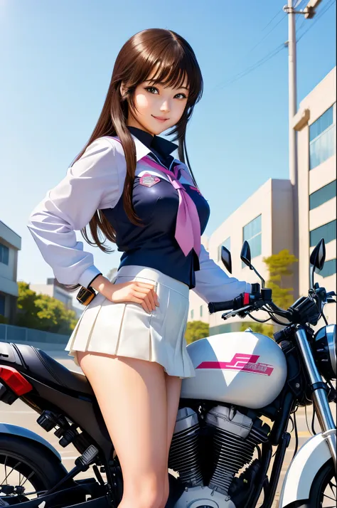 High school girl in school uniform posing on motorbike, Watch the anime girl cosplay, mini skirt、white panties、Beautiful Anime High School Girls, attractive Watch the anime girl, a Surreal School Girls, Watch the anime girl in real life, seductive Watch th...