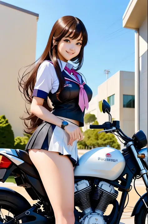 High school girl in school uniform posing on motorbike, Watch the anime girl cosplay, mini skirt、white panties、Beautiful Anime High School Girls, attractive Watch the anime girl, a Surreal School Girls, Watch the anime girl in real life, seductive Watch th...