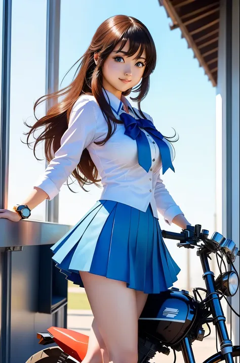 High school girl in school uniform posing on motorbike, Watch the anime girl cosplay, mini skirt、white panties、Beautiful Anime High School Girls, attractive Watch the anime girl, a Surreal School Girls, Watch the anime girl in real life, seductive Watch th...