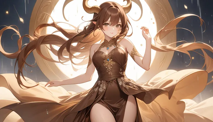 background is mountains with light rain,mysterious and charming goddess symbolizing Capricorn,elegance and heavenly beauty,upper body above waist,half body dancing, the mysterious and charming goddess that symbolizes Capricorn , Her expression is gentle ye...
