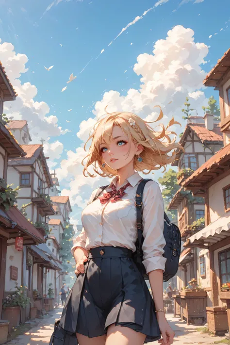 a woman whose hair is shaking in the wind、Clothes are shaking too