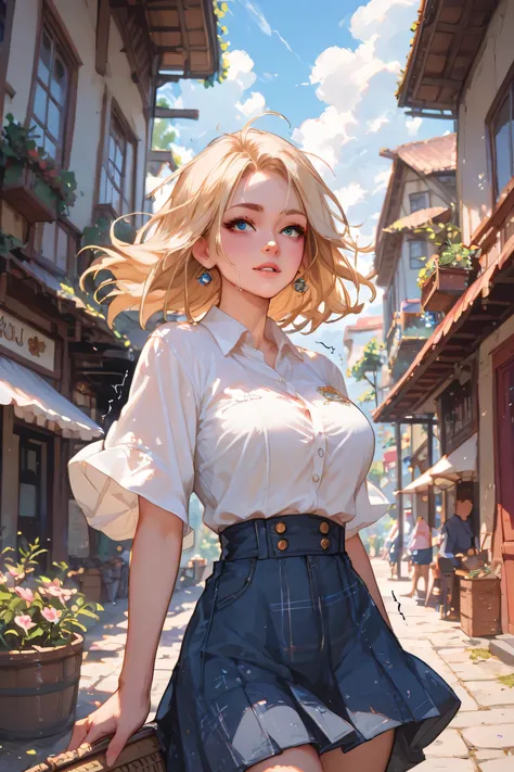  a woman whose hair is shaking in the wind、Clothes are shaking too 