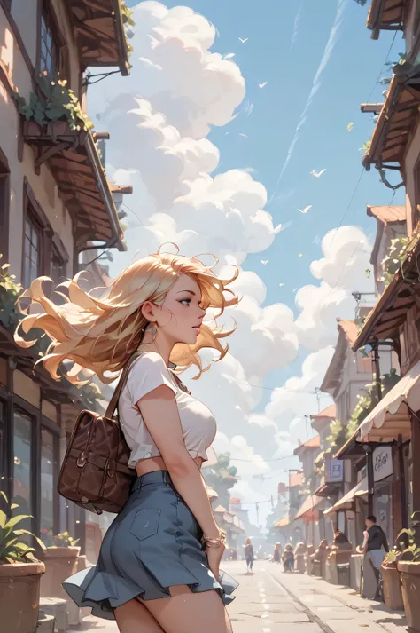  a woman whose hair is shaking in the wind、Clothes are shaking too 