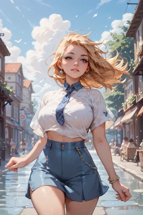  a woman whose hair is shaking in the wind、Clothes are shaking too 