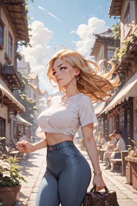  a woman whose hair is shaking in the wind、Clothes are shaking too 
