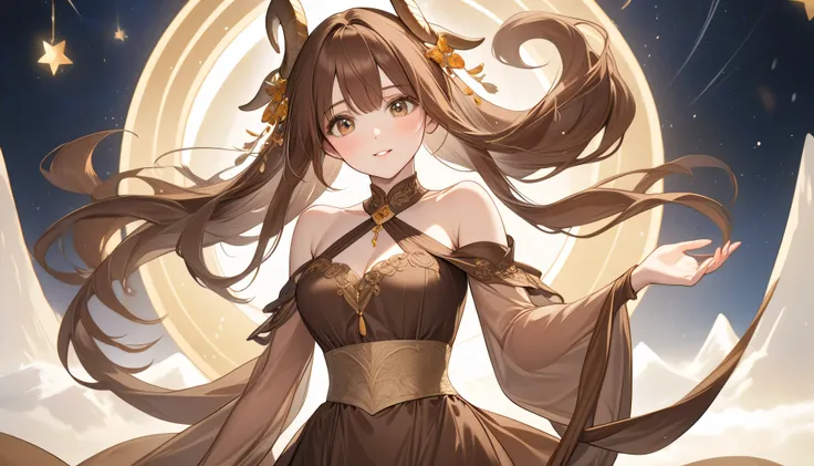 The background is a rainy morning, mountains can be seen in the distance,mysterious and charming goddess symbolizing Capricorn,elegance and heavenly beauty,upper body above waist,half body dancing, the mysterious and charming goddess that symbolizes Capric...