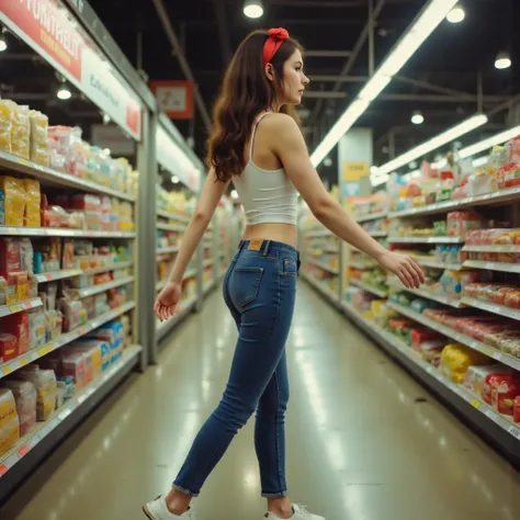 (very realistic photography),(masterpiece, best quality:1.3), 1girl, (alone), from the side, her beautiful profile, side view,
This image captures her up from the top of head down to her legs.,
Beautiful age movie star Jennifer Connelly roller-skates thro...