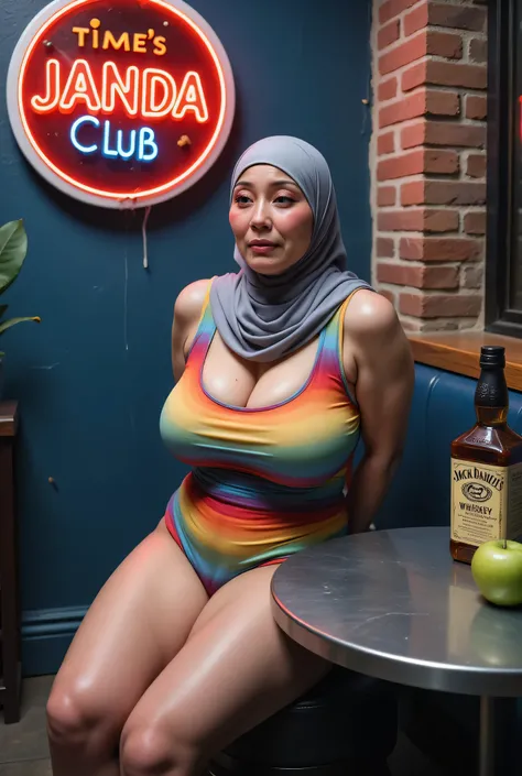 Front posing, SKINNY SUPER OLD LADY, memakai kacamata rabun,  (Thighs and calves huge muscles), (((MOODY CRYING FACE EXPRESSION))), "Wearing Hijab perfectly",  wearing Scoop Neck Sleeveless rainbow Bodysuits singlet swimsuit 'Motörhead' print, (KEDUA BELAH...