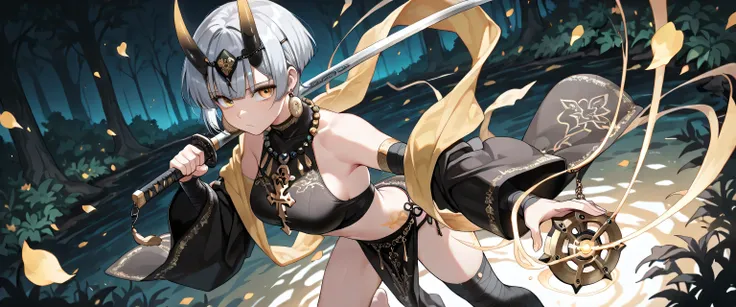 ((masterpiece, best quality, ultra detailed, high resolution, beautiful detailed face, beautiful detailed eyes, perfect hands, 4K)), (1 woman, solo), oni, one cute horn, (medium breasts), (girl with short pixie cut, straight bangs, soft layers, neat around...