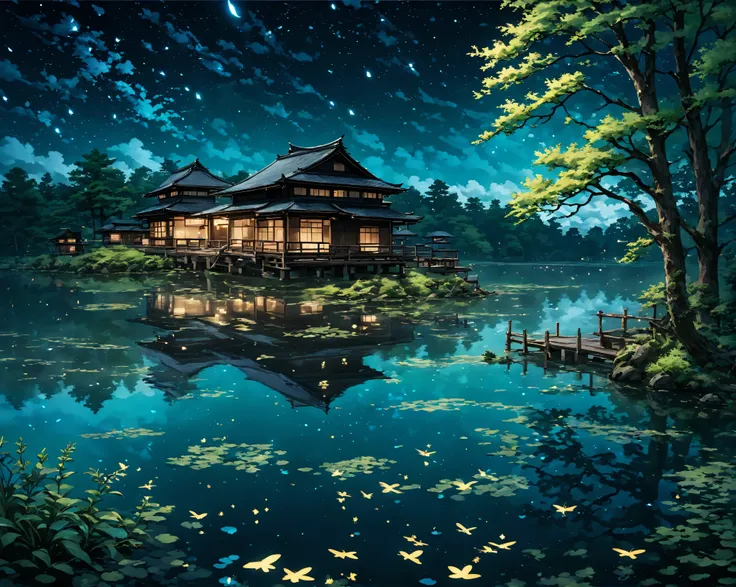 Evening Pond:1.5, ((Full shot:1.4)), ((beautiful lake at night in absolute darkness in local erea of Japan:1.5)),(Japanese traditional woden houses), ((fireflies flying around illuminating the lake:1.5)), ((ultra detailed:1.5)), in the water reflects the l...