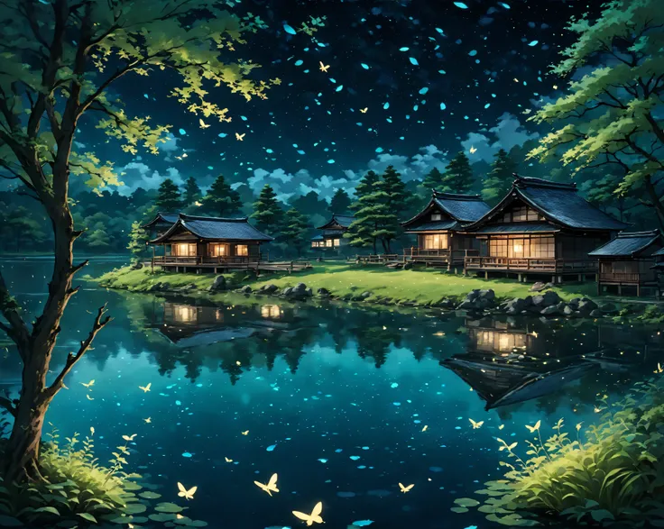 Evening Pond:1.5, ((Full shot:1.4)), ((beautiful lake at night in absolute darkness in local erea of Japan:1.5)),(Japanese traditional woden houses), ((fireflies flying around illuminating the lake:1.5)), ((ultra detailed:1.5)), in the water reflects the l...