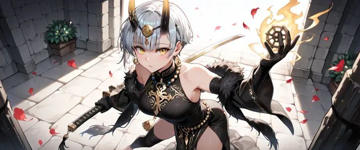 ((masterpiece, best quality, ultra detailed, high resolution, beautiful detailed face, beautiful detailed eyes, perfect hands, 4K)), (1 woman, solo), oni, one cute horn, (medium breasts), (girl with short pixie cut, straight bangs, soft layers, neat around...