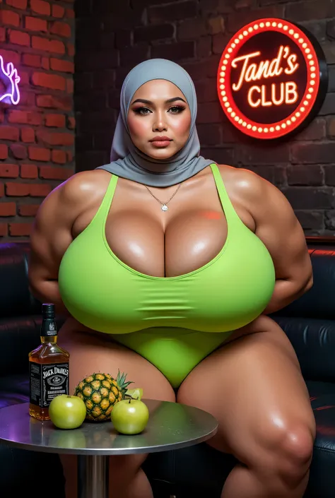SUPER OLD LADY,  (Thighs and calves huge muscles), (((MOODY FACE EXPRESSION))), "Wearing Hijab perfectly",  wearing Scoop Neck Sleeveless neon green Bodysuits singlet swimsuit , (KEDUA BELAH TANGAN DILETAK LETAKKAN DIBELAKANG PUNGGUNG) PLEASE DON'T PUT ANY...