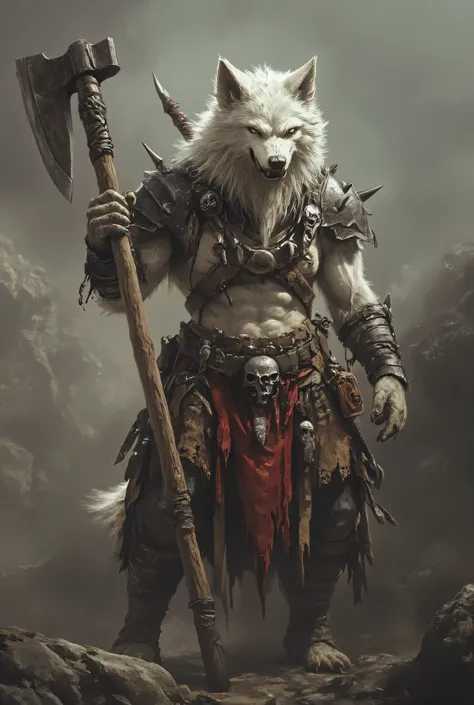 (anthropomorphic wolf warrior standing in a rocky, rugged landscape. The wolf, with its white fur, stands upright on two legs, exhibiting her canine features. She has a fierce expression, with sharp teeth bared, and its eyes are intense and focused. The wo...