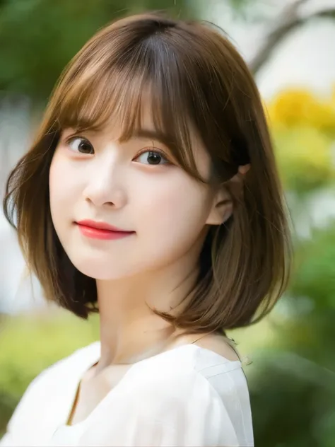 Close-up of a brown-haired woman in a white shirt, Shoulders - Length hair, Medium length hair, Curtain bang, Medium length hair, with short hair, Shoulder-length hair, White princess cut hairstyle, Korean symmetrical face, short～Medium Hair, 薄い茶髪、、((窓のあるW...