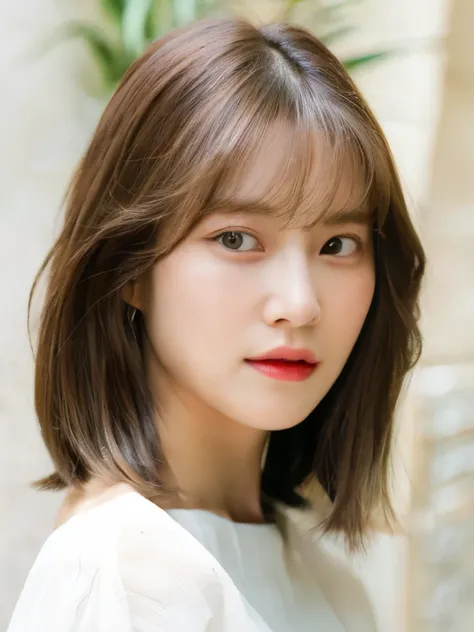 Close-up of a brown-haired woman in a white shirt, Shoulders - Length hair, Medium length hair, Curtain bang, Medium length hair, with short hair, Shoulder-length hair, White princess cut hairstyle, Korean symmetrical face, 髪型ショートカット、 薄い茶髪、、((窓のあるWhite wal...
